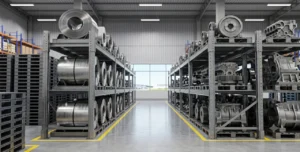 UPR heavy-duty steel pallets carrying multi-ton machinery components in a Selangor industrial manufacturing plant.