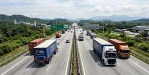 Interstate long-haul road freight and container transport on the North-South Expressway in Malaysia
