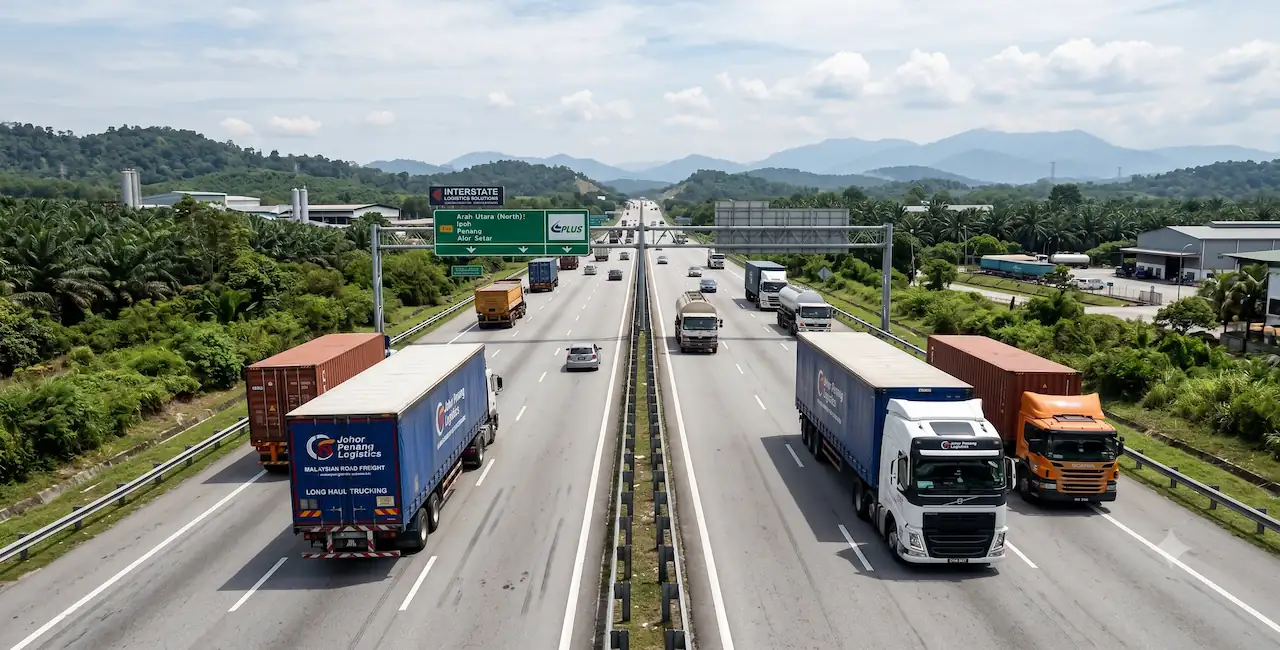 Interstate long-haul road freight and container transport on the North-South Expressway in Malaysia