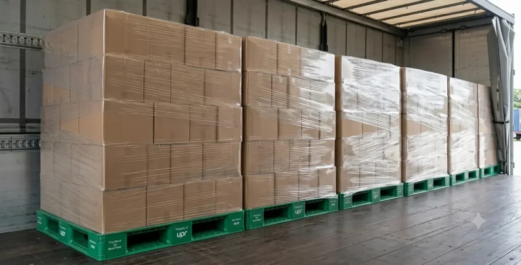 Standardized premium plastic pallets by UPR Malaysia ensuring advanced cargo stabilization inside a transport trailer